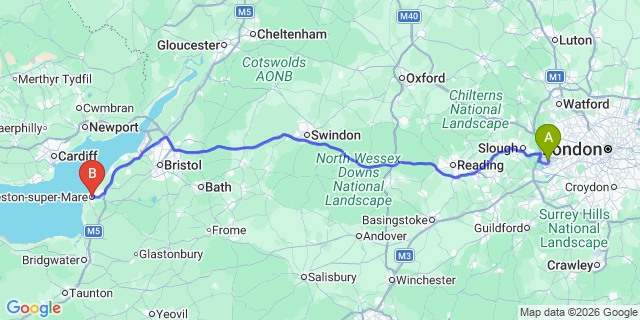 Map: London Heathrow Airport (LHR) to Weston-Super-Mare