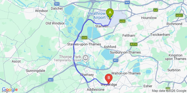 Map: London Heathrow Airport (LHR) to Weybridge