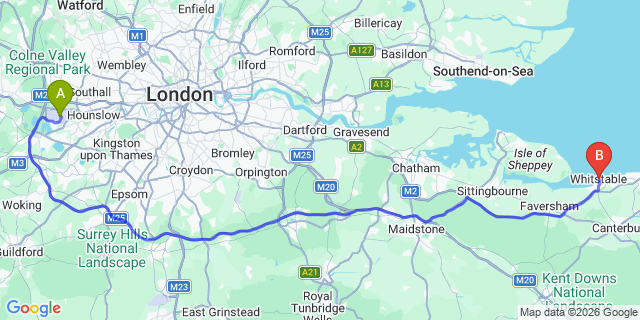 Map: London Heathrow Airport (LHR) to Whitstable