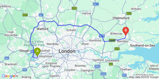 Map: London Heathrow Airport (LHR) to Wickford