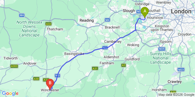 Map: London Heathrow Airport (LHR) to Winchester
