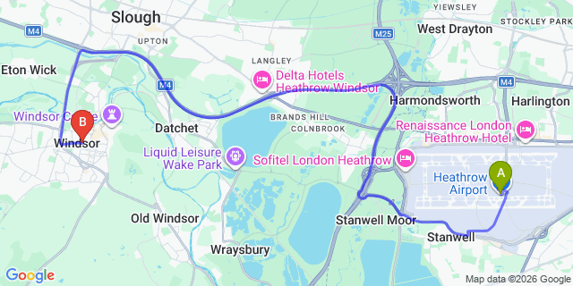 Map: London Heathrow Airport (LHR) to Windsor