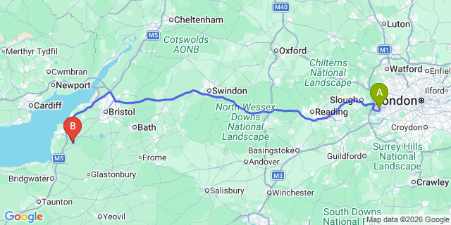Map: London Heathrow Airport (LHR) to Winscombe