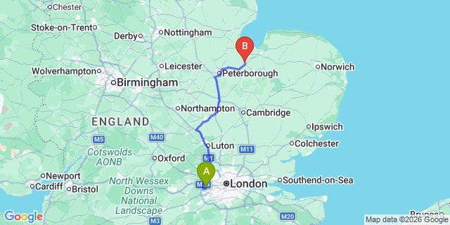 Map: London Heathrow Airport (LHR) to Wisbech