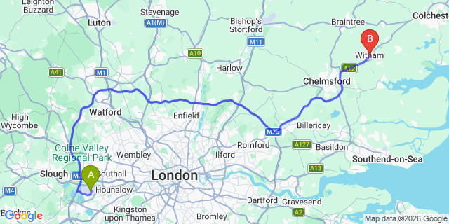 Map: London Heathrow Airport (LHR) to Witham