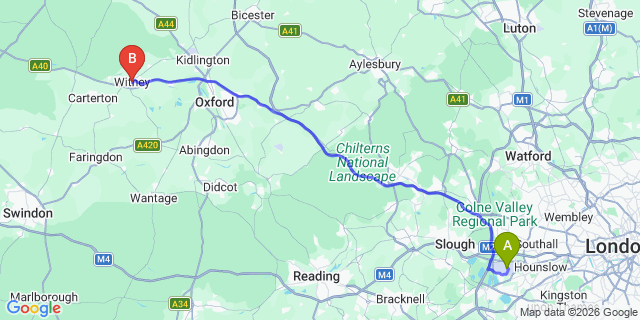 Map: London Heathrow Airport (LHR) to Witney