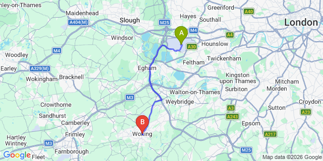 Map: London Heathrow Airport (LHR) to Woking