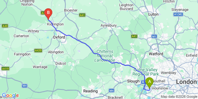 Map: London Heathrow Airport (LHR) to Woodstock