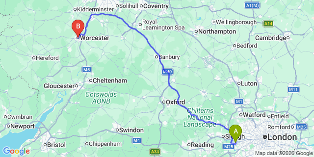 Map: London Heathrow Airport (LHR) to Worcester