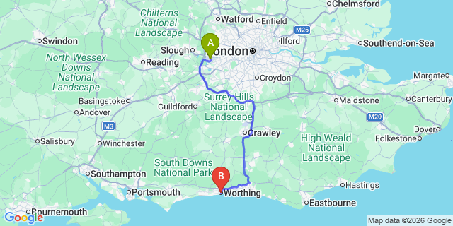 Map: London Heathrow Airport (LHR) to Worthing