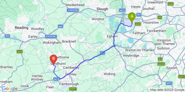 Map: London Heathrow Airport (LHR) to Yateley