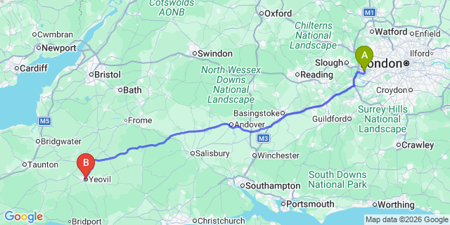 Map: London Heathrow Airport (LHR) to Yeovil