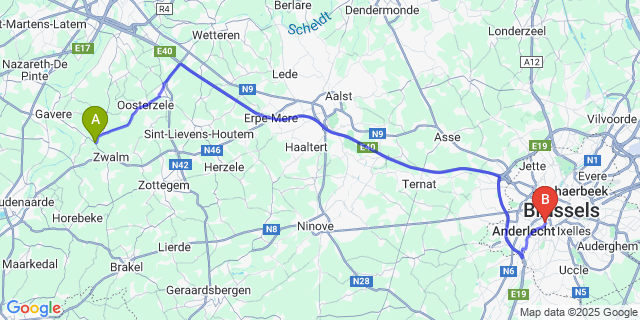 Map: Brussels Midi Train Station to Beerlegem