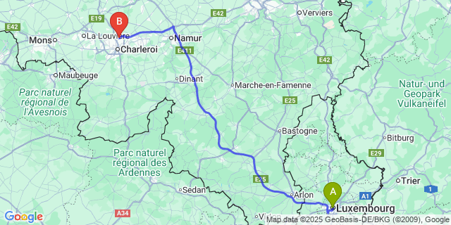 Map: Charleroi Airport Brussels South (CRL) to Luxembourg City