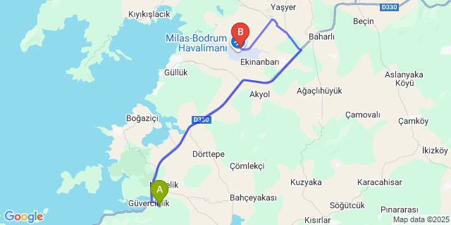 Map: Milas–Bodrum Airport (BJV) to Güvercinlik