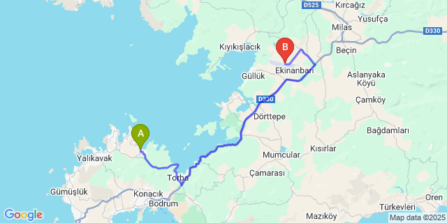 Map: Milas–Bodrum Airport (BJV) to Türkbükü