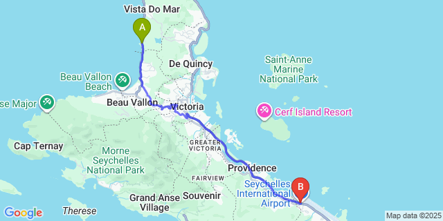 Map: Seychelles Airport (SEZ) to Hilton Seychelles Northolme Resort & Spa