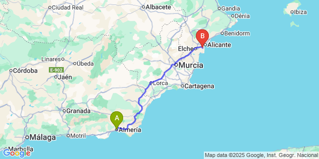 Map: Alicante Airport (ALC) to Almeria city (all areas)
