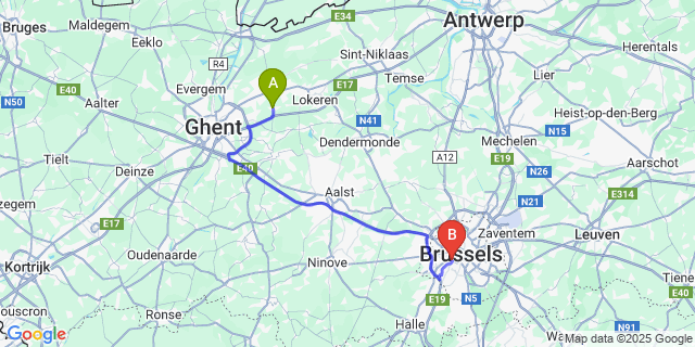 Map: Brussels Midi Train Station to Beervelde