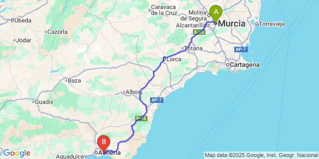 Map: Almeria Airport (LEI) to Murcia city (all areas)