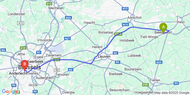 Map: Brussels Midi Train Station to Bekkevoort