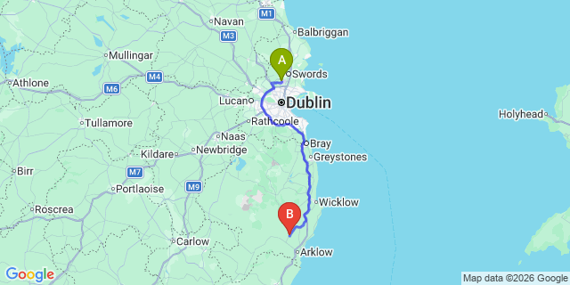Map: Dublin Airport (DUB) to Avoca