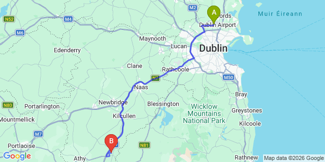 Map: Dublin Airport (DUB) to Ballitore