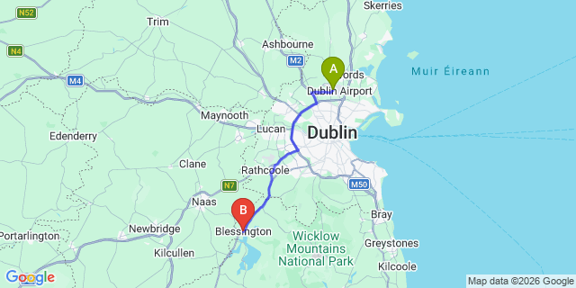Map: Dublin Airport (DUB) to Blessington