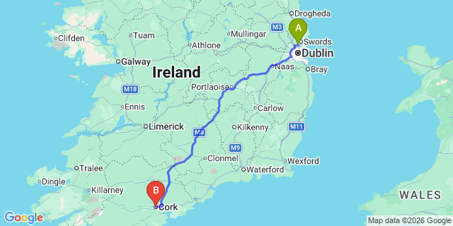 Map: Dublin Airport (DUB) to Cork