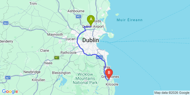 Map: Dublin Airport (DUB) to Delgany