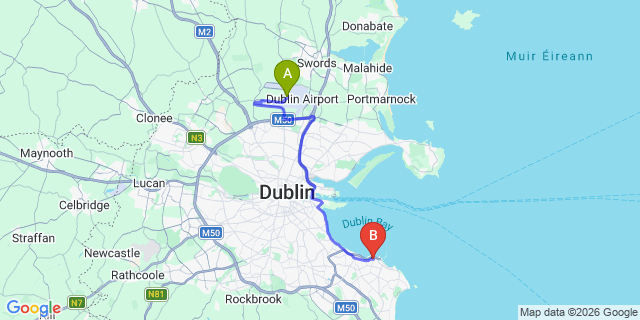 Map: Dublin Airport (DUB) to Dunlaoghaire