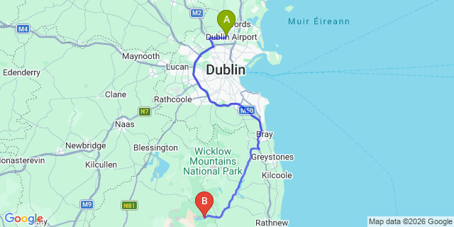 Map: Dublin Airport (DUB) to Glendalough