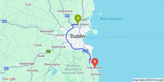 Map: Dublin Airport (DUB) to Greystones