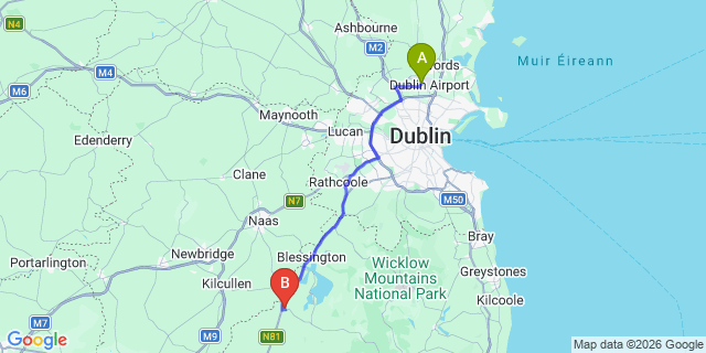 Map: Dublin Airport (DUB) to Hollywood