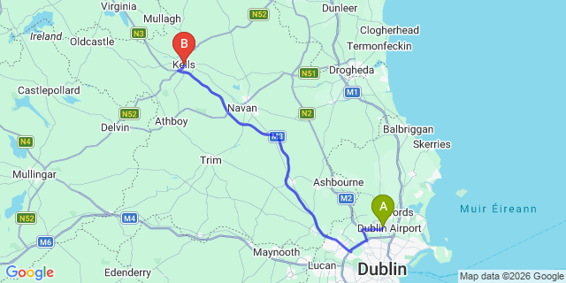 Map: Dublin Airport (DUB) to Kells