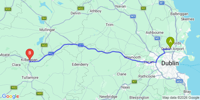 Map: Dublin Airport (DUB) to Kilbeggan