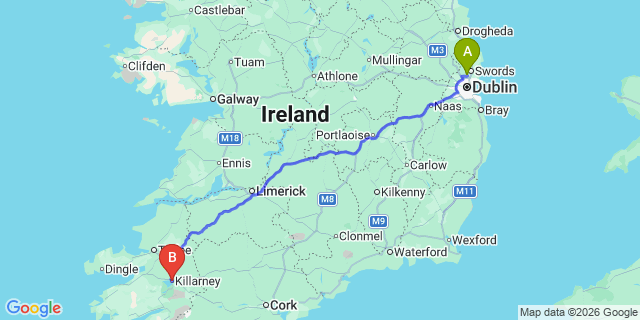 Map: Dublin Airport (DUB) to Killarney
