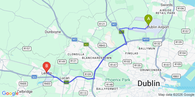 Map: Dublin Airport (DUB) to Leixlip