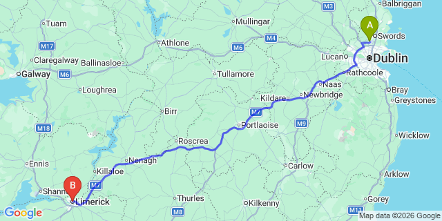 Map: Dublin Airport (DUB) to Limerick