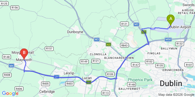 Map: Dublin Airport (DUB) to Maynooth