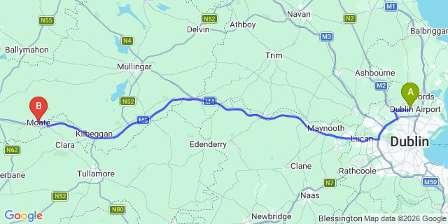 Map: Dublin Airport (DUB) to Moate