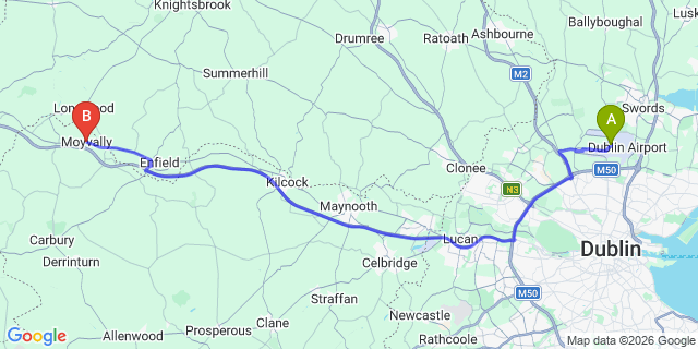 Map: Dublin Airport (DUB) to Moyvalley