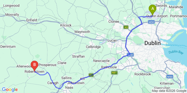 Map: Dublin Airport (DUB) to Robertstown