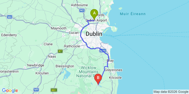 Map: Dublin Airport (DUB) to Roundwood