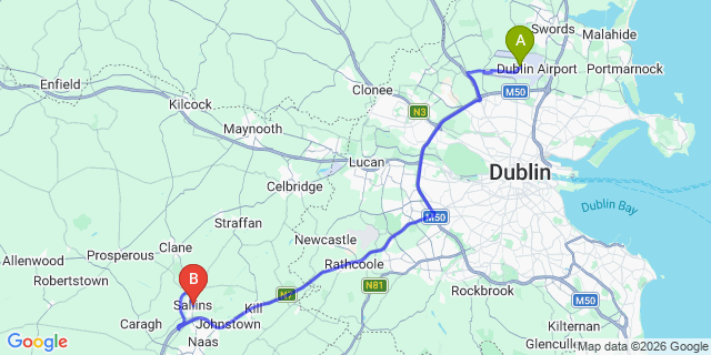 Map: Dublin Airport (DUB) to Sallins