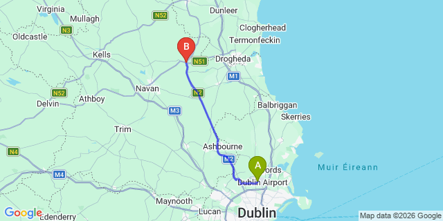 Map: Dublin Airport (DUB) to Slane