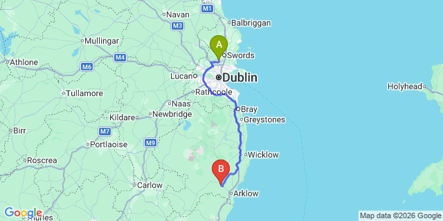 Map: Dublin Airport (DUB) to Woodenbridge