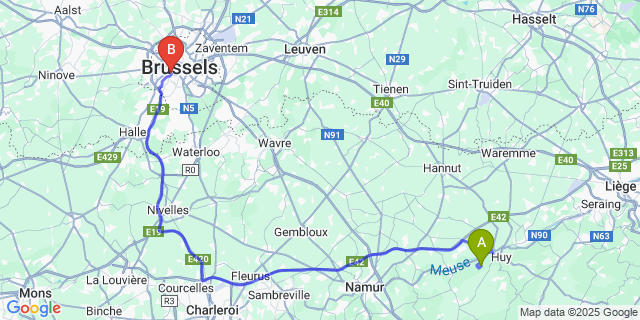 Map: Brussels Midi Train Station to Ben-Ahin