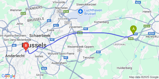 Map: Brussels Midi Train Station to Bertem