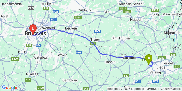 Map: Brussels Midi Train Station to Bierset